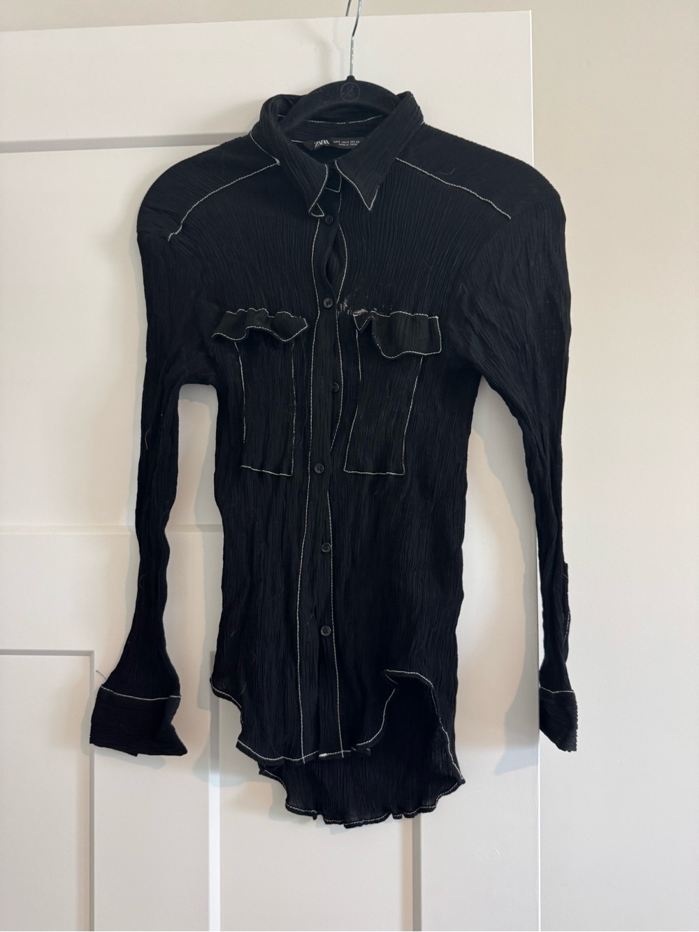 Zara Black Crinkled Button-Up Shirt with White Contrast Stitching
